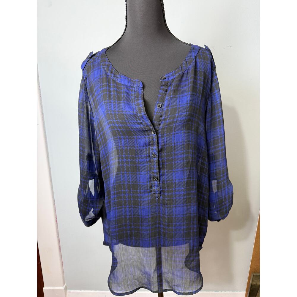 Y2k Early 2000's Express Sheer Plaid Top Roll tab‎ Sleeve Epaulette Sz Med